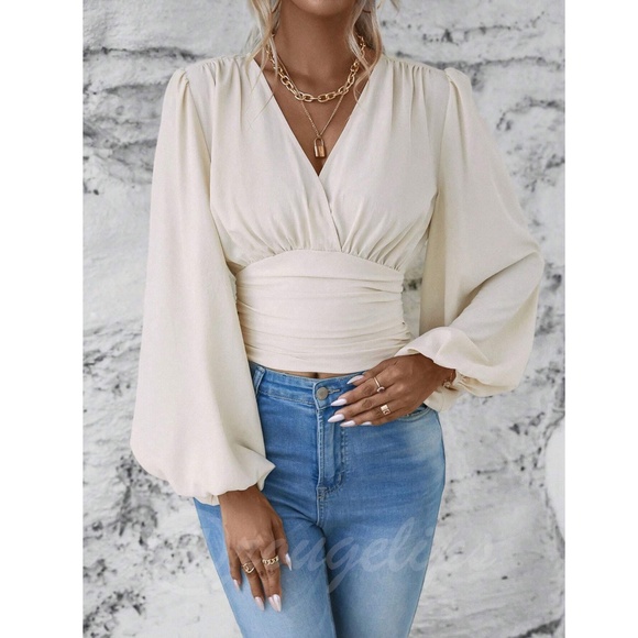 Beige V-Neck Long Lantern Sleeve Ruched Top Shirt Blouse - Picture 5 of 9